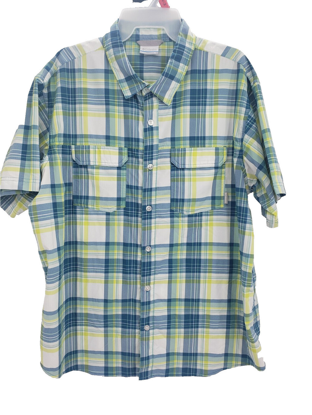 Columbia Omni-Wick Shirt Men XL Blue Yellow Short Sleeve Button Up Pocket Plaid